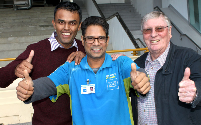 Sanjay Patel, who won $10,000 of gross turnover for his business, with Neil Kumar, North Harbour Regional Manager, and CrestClean chairman of directors Marty Perkinson.