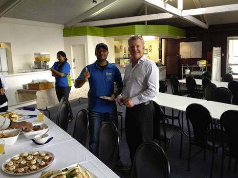 CrestClean Managing Director Grant McLauchlan and franchisee Vikash Nand enjoy the food after Grant’s presentation.