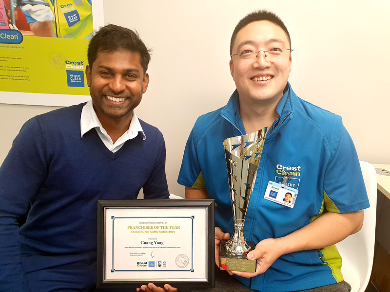 Sunny Yang, Franchisee of the Year,  with Yasa Panagoda, CrestClean’s Christchurch North Regional Manager.