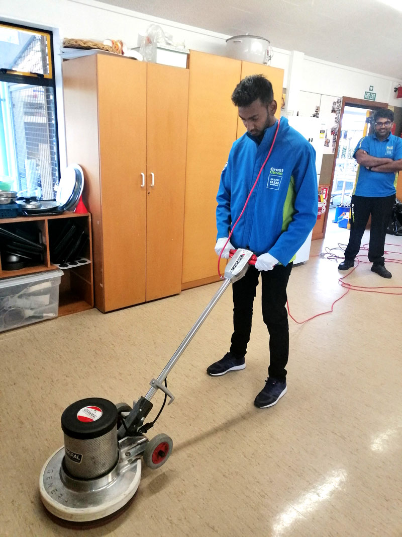 David Philips gets to grips with handling a floor polisher.