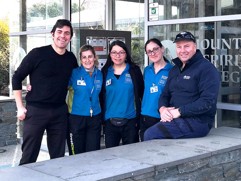 Ronnie Moffat, Property Manager at Mount Aspiring College, says having CrestClean’s services has finally given him peace of mind. He is pictured with Danny Mastroianniv(left), Karina Vaccarezza, Claudia Barrientos, and Lorena Mastroianni. 